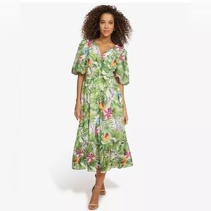 Kensie Green and Pink Tiered Ruffled Maxi Dress